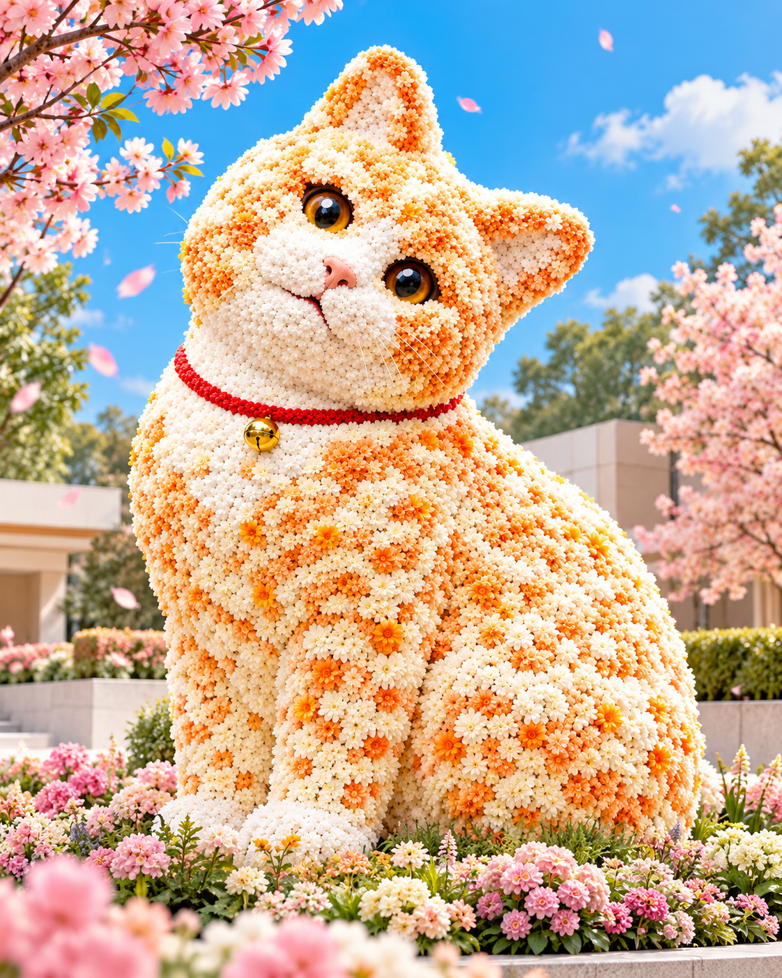 Full floral Chubby Ginger Cat sculpture in a blossom garden